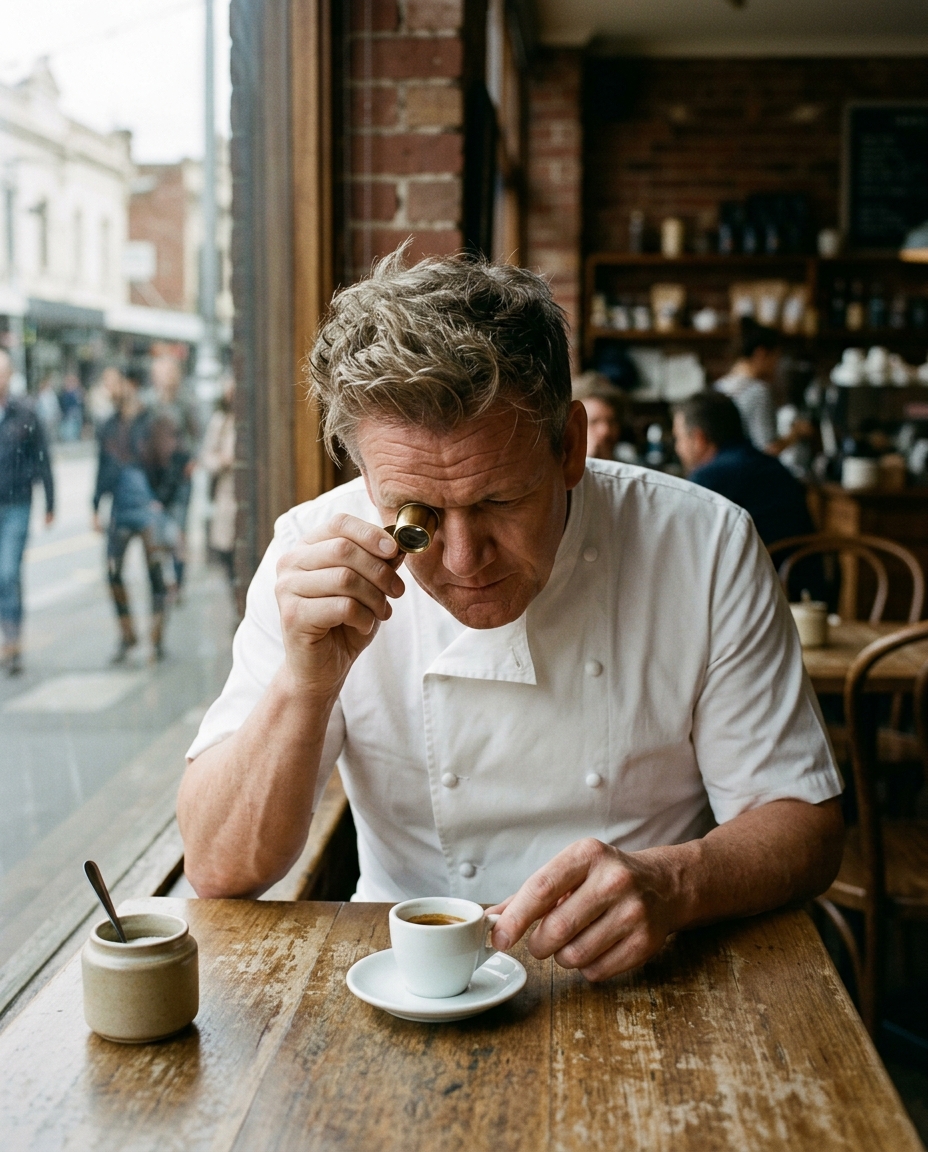 Barista with magnifying glass inspecting espresso extraction in exposed brick cafe