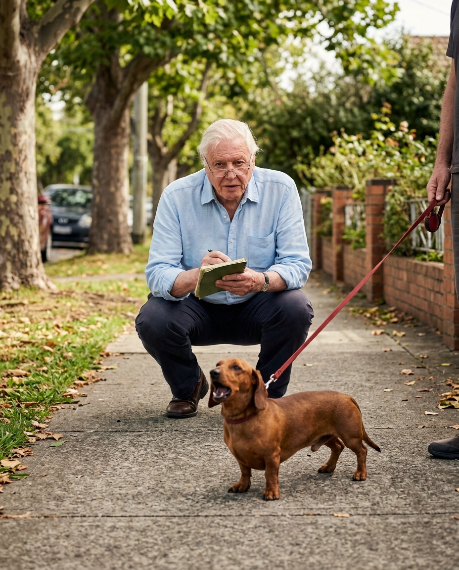 A barking miniature dachshund lunging from leash on suburban footpath