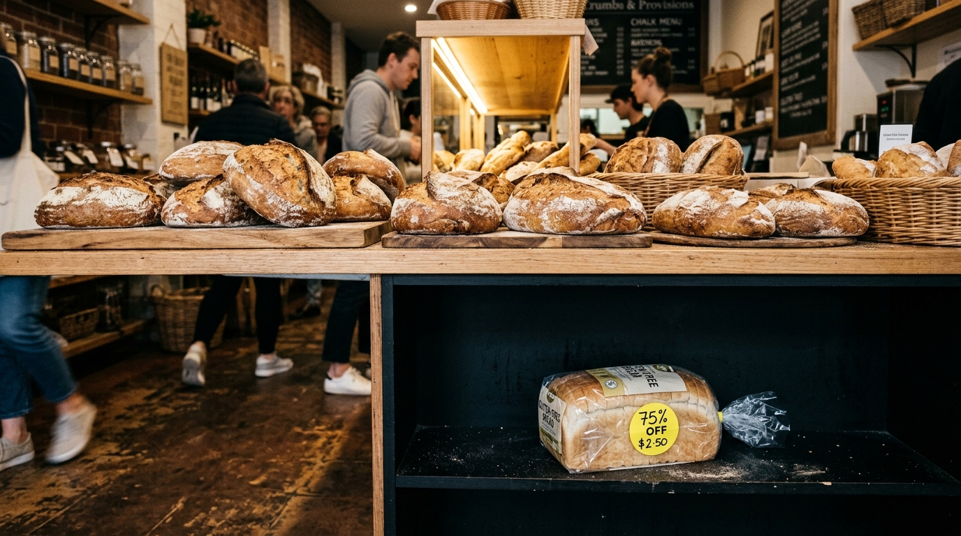 Sourdough loaves bathed in warm light on top counter while discounted gluten free bread sits on bottom dark shelf