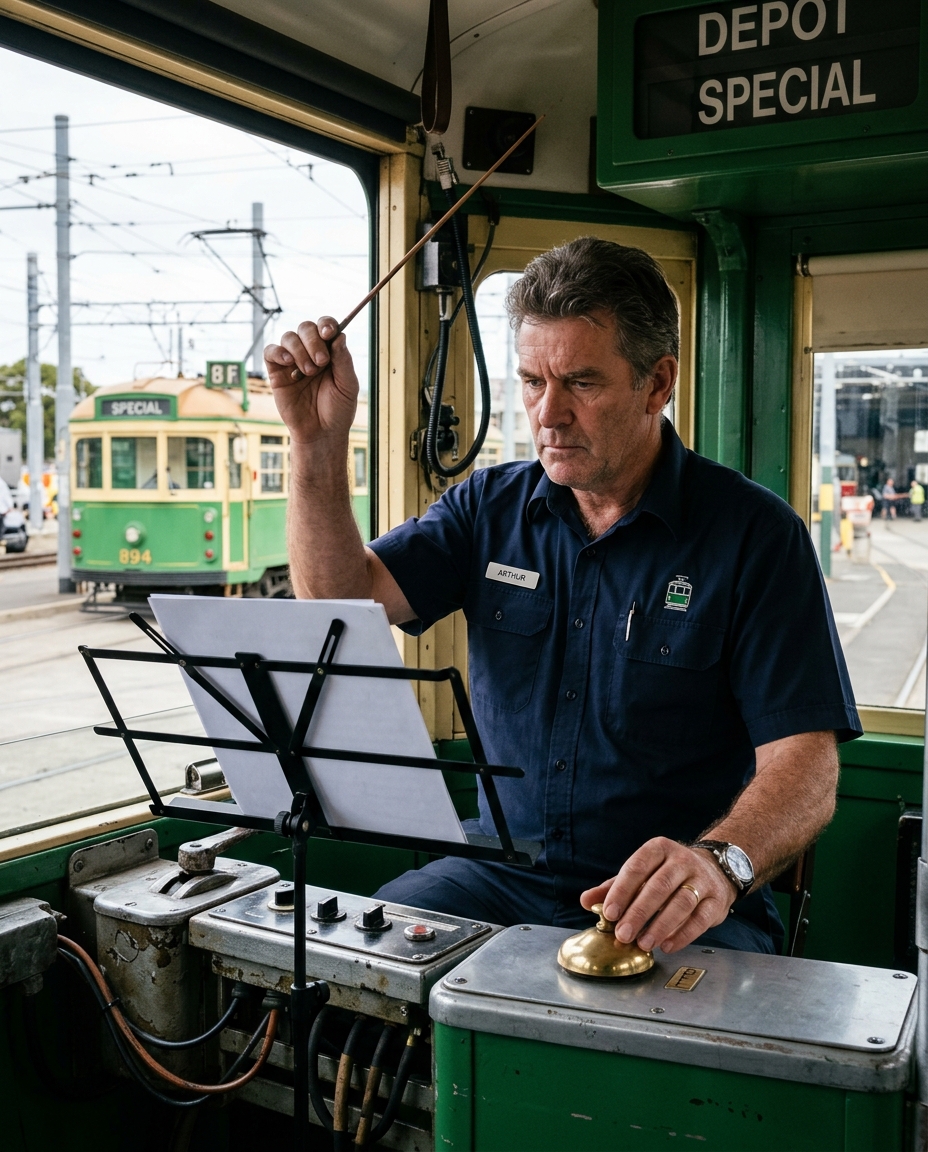 Tram driver passionately operating mechanical foot pedal bell