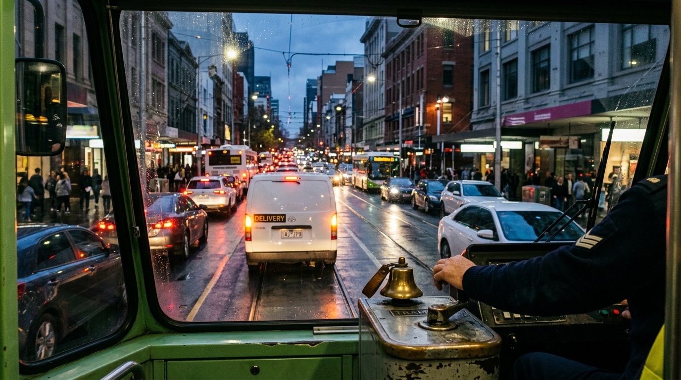 Tram driver perspective from cabin behind delivery van stuck on tracks