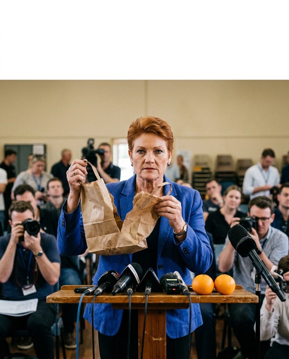 Parody press conference with torn brown paper grocery sack on ministerial lectern