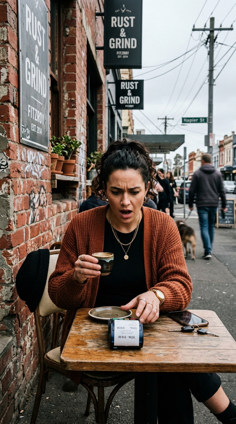 Patron staring at .50 coffee receipt in Fitzroy cafe