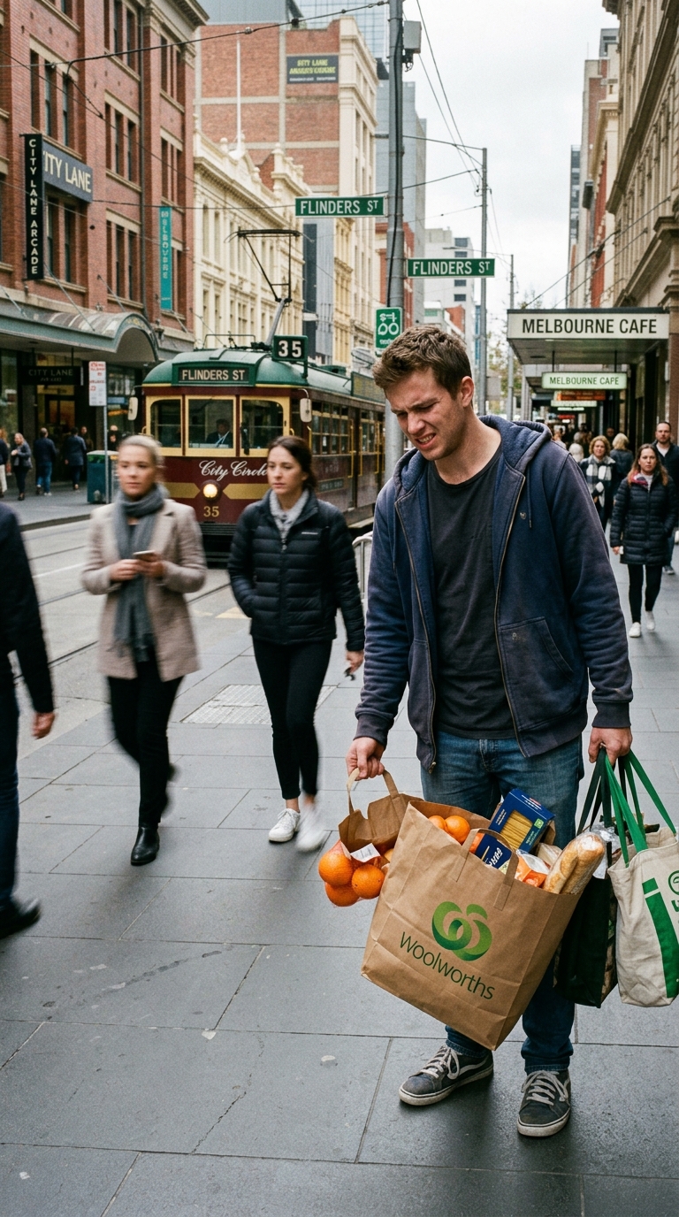 Woolies grocery bag tearing on Flinders St