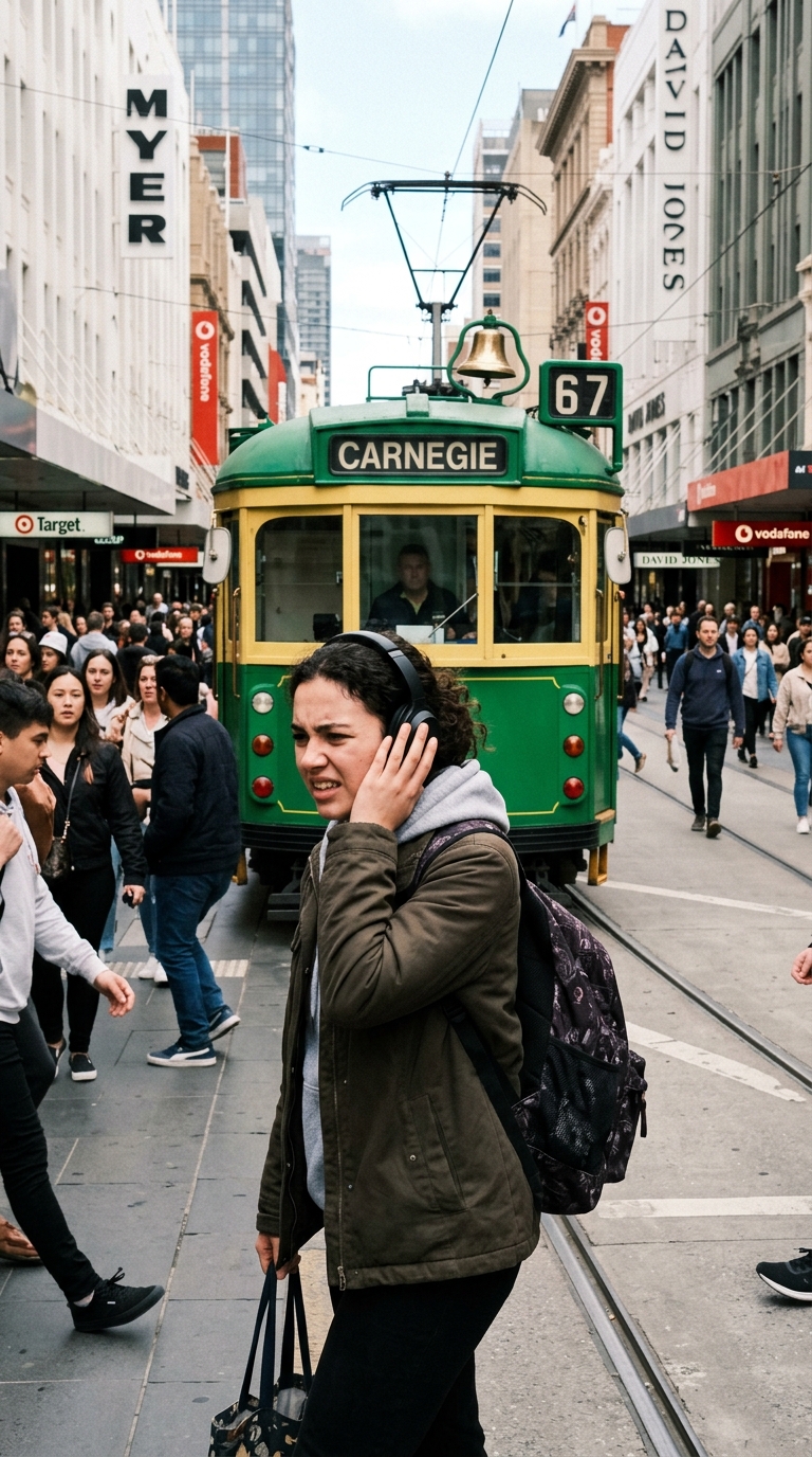 Commuter covering ears as tram rings bell on Bourke St